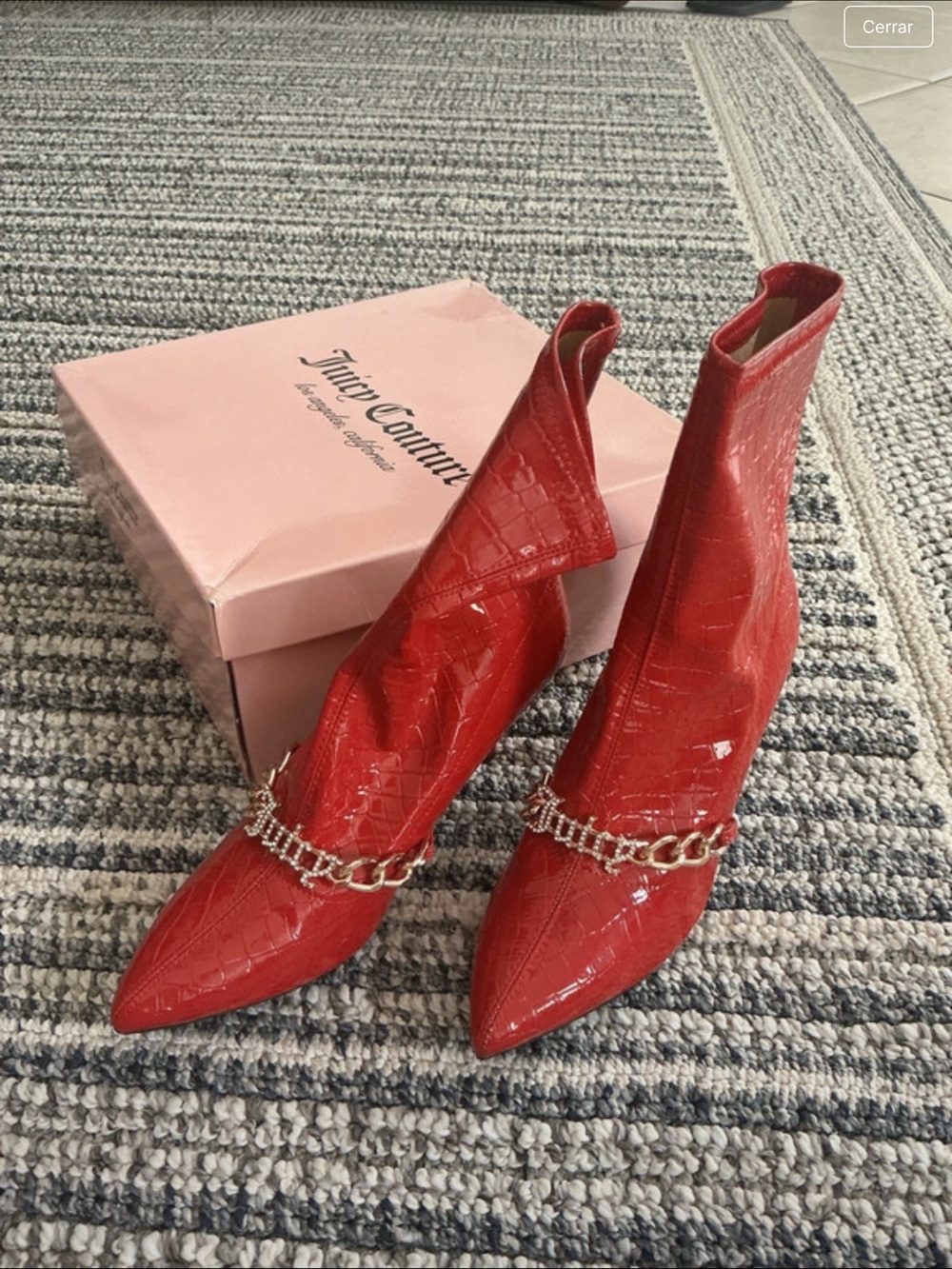 Juicy Couture Red Patent Pointed Toe Chain Detail Ankle Booties